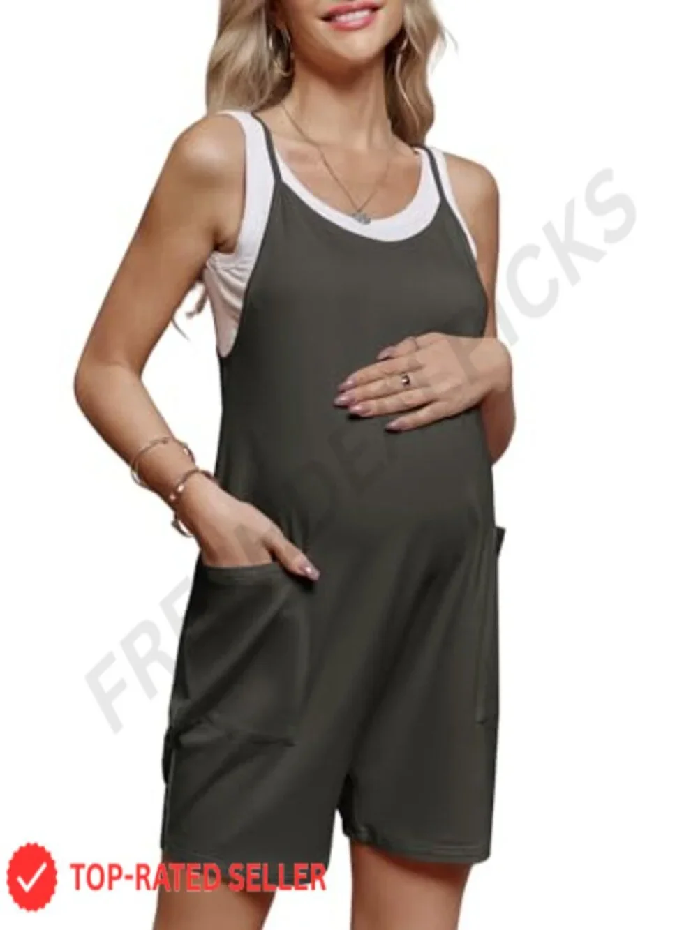 Maternity Romper Sleeveless Overall Shorts Jumpsuit with Pockets, Stretch Soft